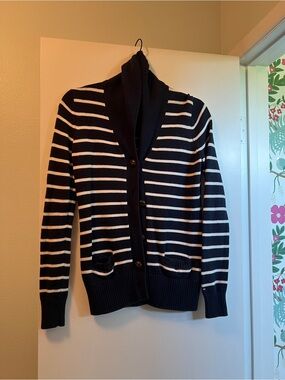 Tommy Hilfiger Black and White Striped Turtleneck Sweater